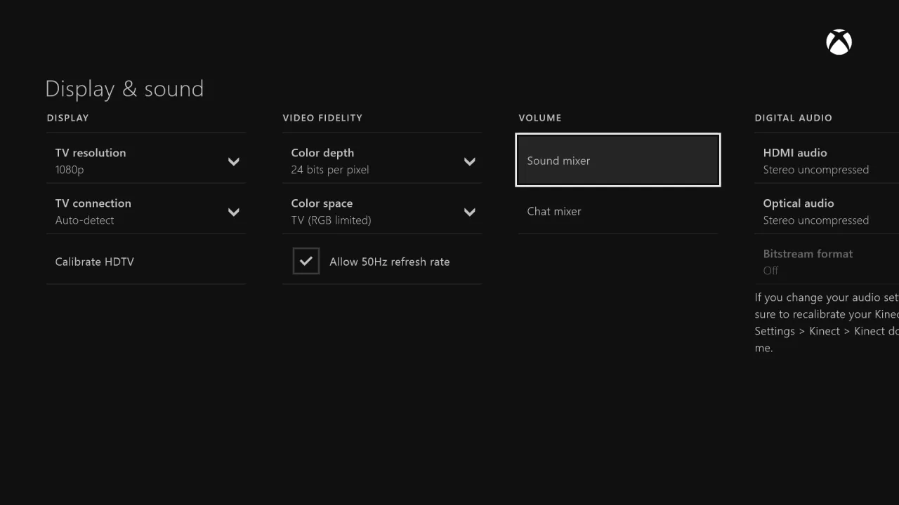 Menu ustawień audio Xbox One