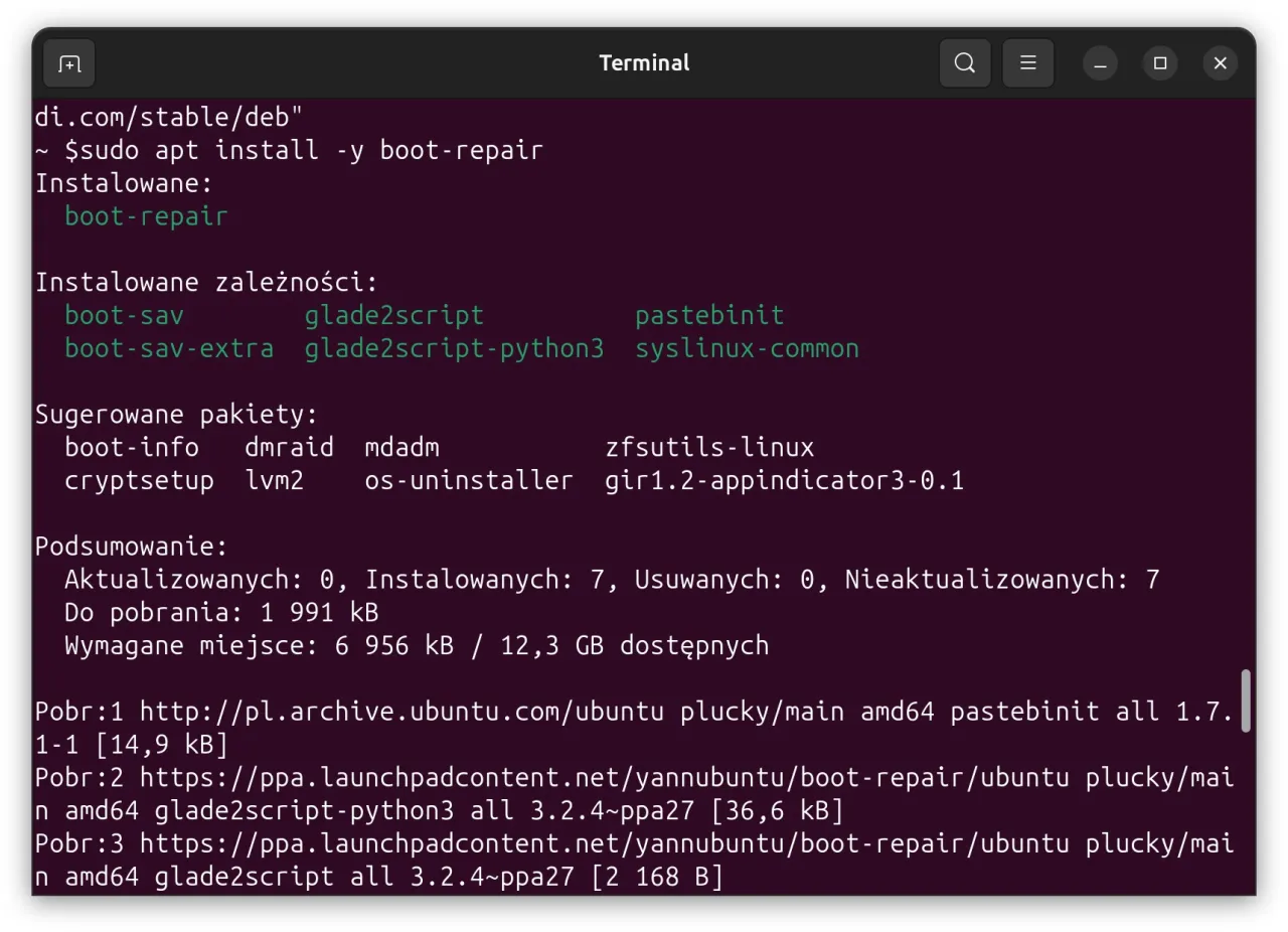 Terminal z instalacją pakietu boot-repair, który może pomóc w naprawie GRUB-a po instalacji Windows.