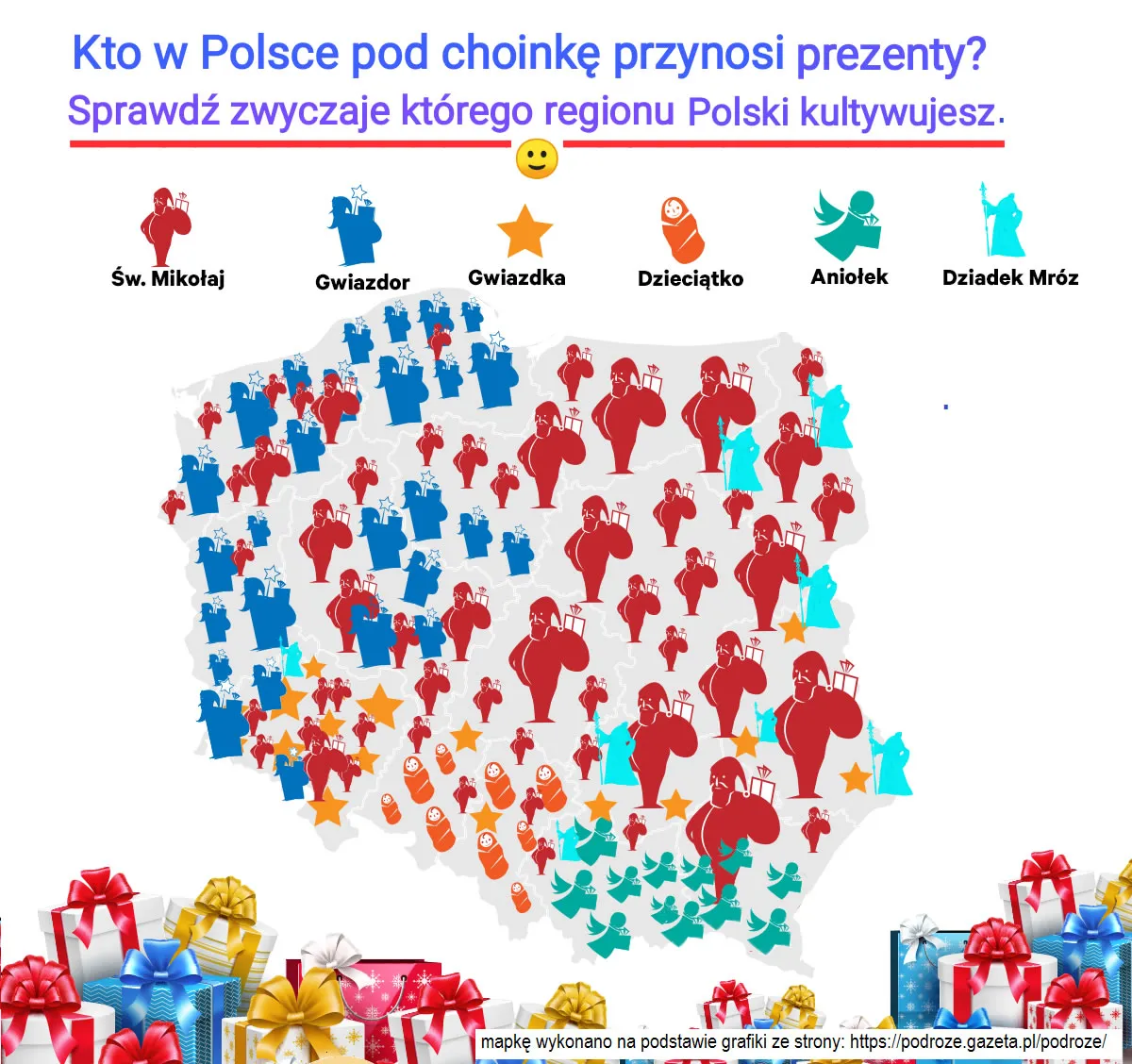 Mapa Polski kto przynosi prezenty pod choinkę regionalnie