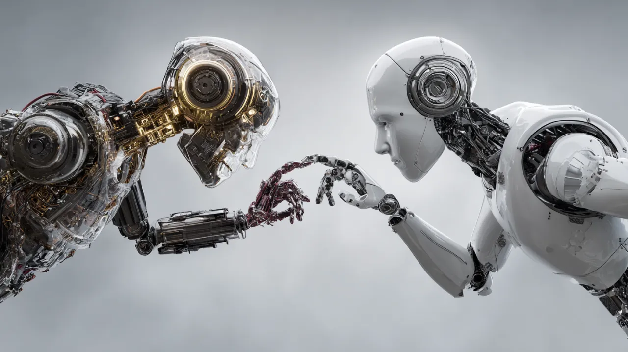 Dwa roboty, jeden z widocznymi mechanizmami, drugi gładki, wyciągają do siebie dłonie. To pokazuje, co to jest bot &ndash; zaawansowana maszyna.