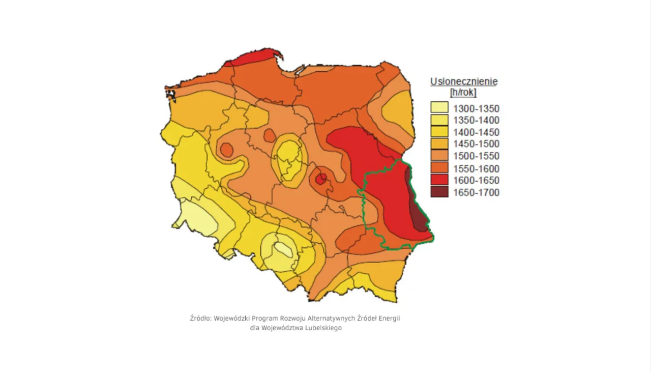 Mapa Polski z zaznaczonym nasłonecznieniem w godzinach rocznie. Najwięcej słońca na wschodzie, najmniej na zachodzie.