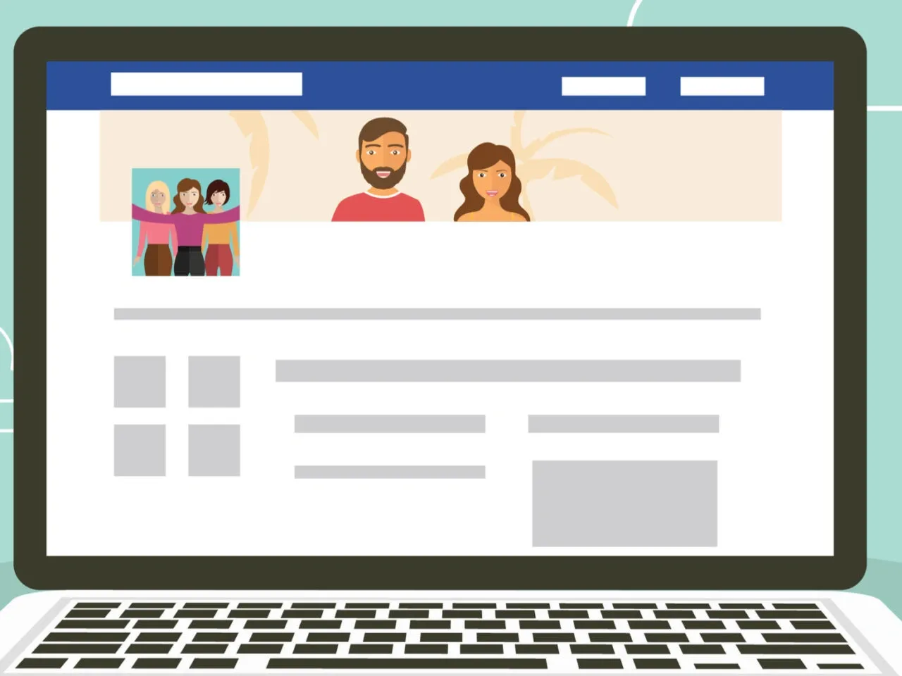 Ilustracja przedstawia ekran laptopa z profilem Facebooka. Widoczni są użytkownicy i ich zdjęcia. Dowiedz się, jak zaktualizować Facebooka, aby cieszyć się nowymi funkcjami.