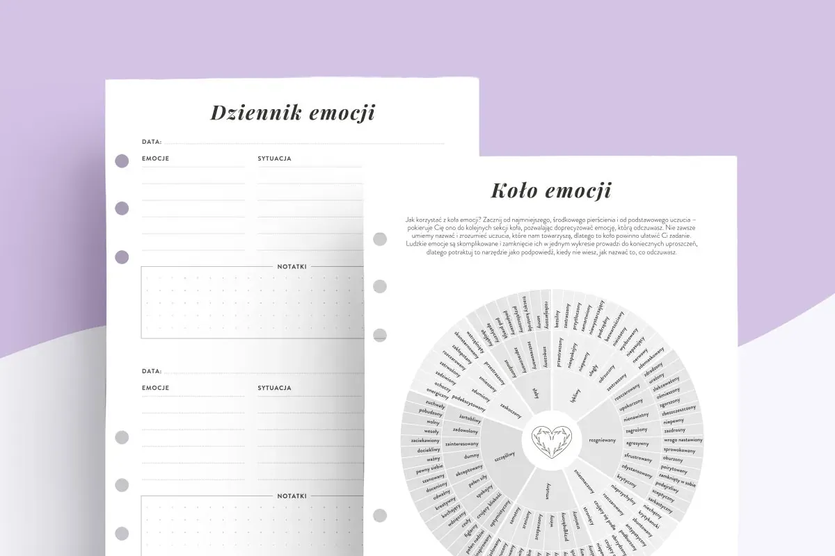 Otwarty dziennik emocji z kołem emocji, kt&oacute;re pomaga nazwać uczucia.