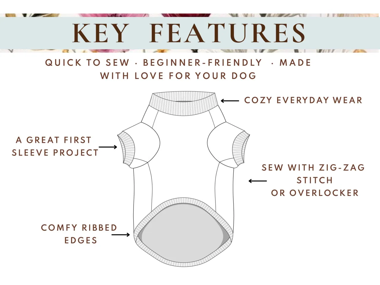Schemat ubranka dla psa z bluzy: szybkie, łatwe szycie, idealne na pierwszy projekt rękawów, z prążkowanymi brzegami.