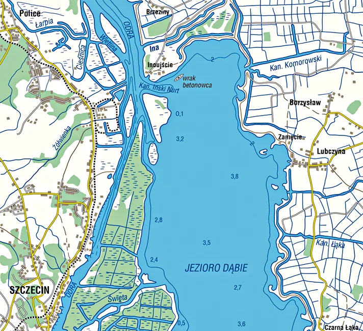 Mapa Szczecina rzeka Odra jezioro Dąbie