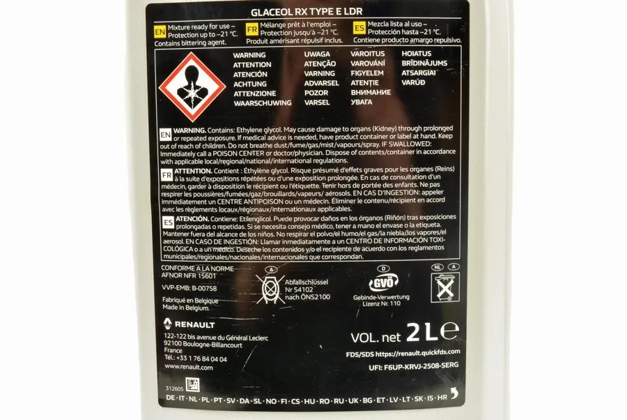 Etykieta płynu chłodniczego z aprobatą Renault Type D