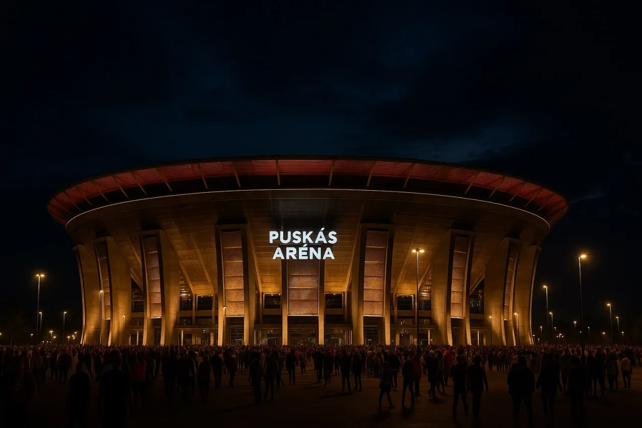 Tłum ludzi przed Pusk&aacute;s Ar&eacute;ną, nocą. Czy to miejsce finału Ligi Mistrz&oacute;w?