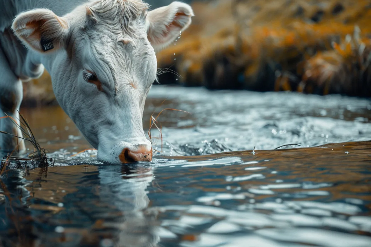 Biała krowa pochyla się nad strumieniem, by ugasić pragnienie. Woda jest czysta i orzeźwiająca, idealna do tego, ile krowa pije wody.