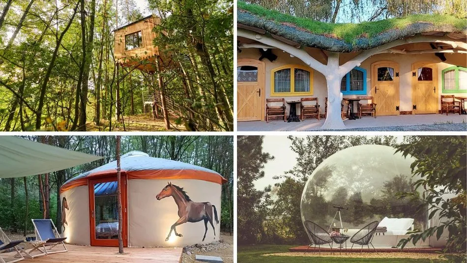 Kolaż zdjęć: hostel, agroturystyka, domek na drzewie, jurta