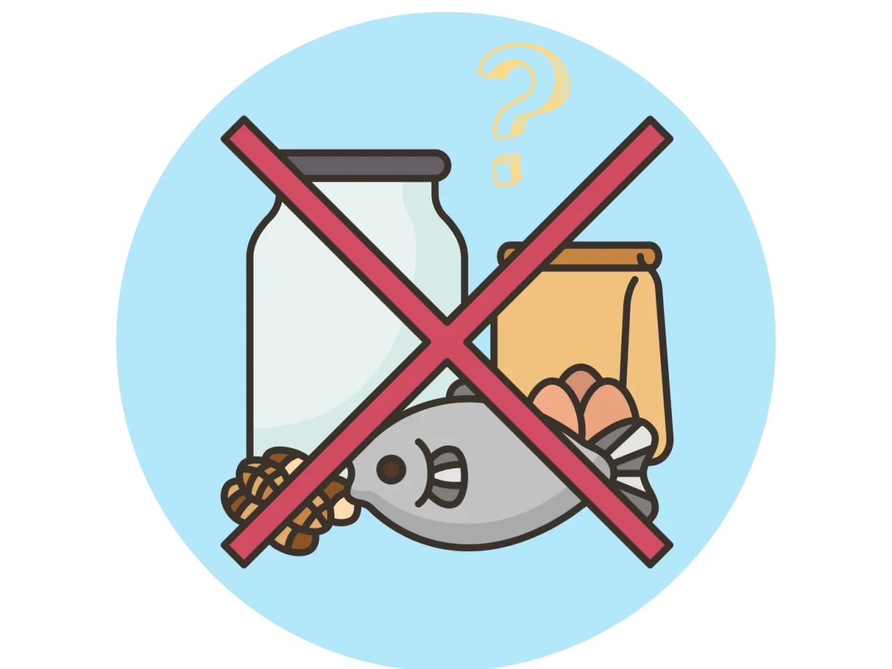 Ikony symbolizujące zakazane produkty: mleko, orzechy, ryba, jajka. To znak, że potrzebna jest dieta eliminacyjna.