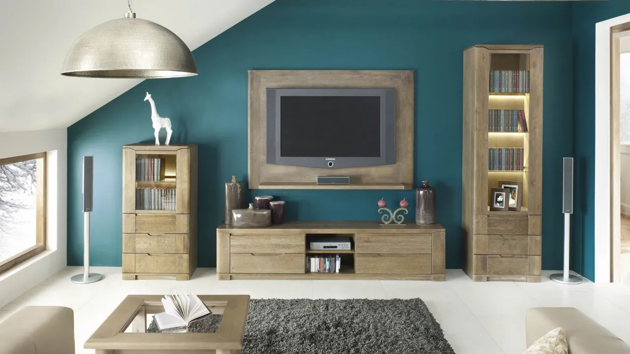 jasny dąb meble butelkowa zieleń, jasny dąb meble granatowe ściany, jasny dąb meble pastelowe ściany