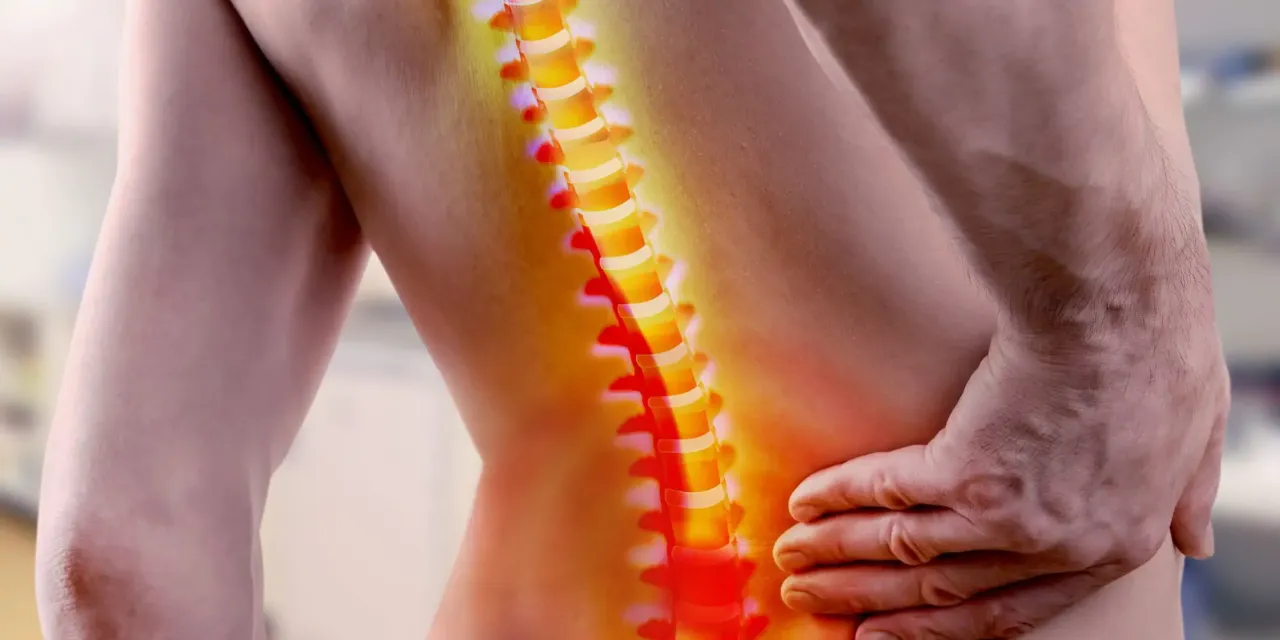 B&oacute;l plec&oacute;w i poszukiwanie odpowiedzi: jakie leki na korzonki mogą pom&oacute;c? Widok kręgosłupa z zaznaczonym b&oacute;lem.