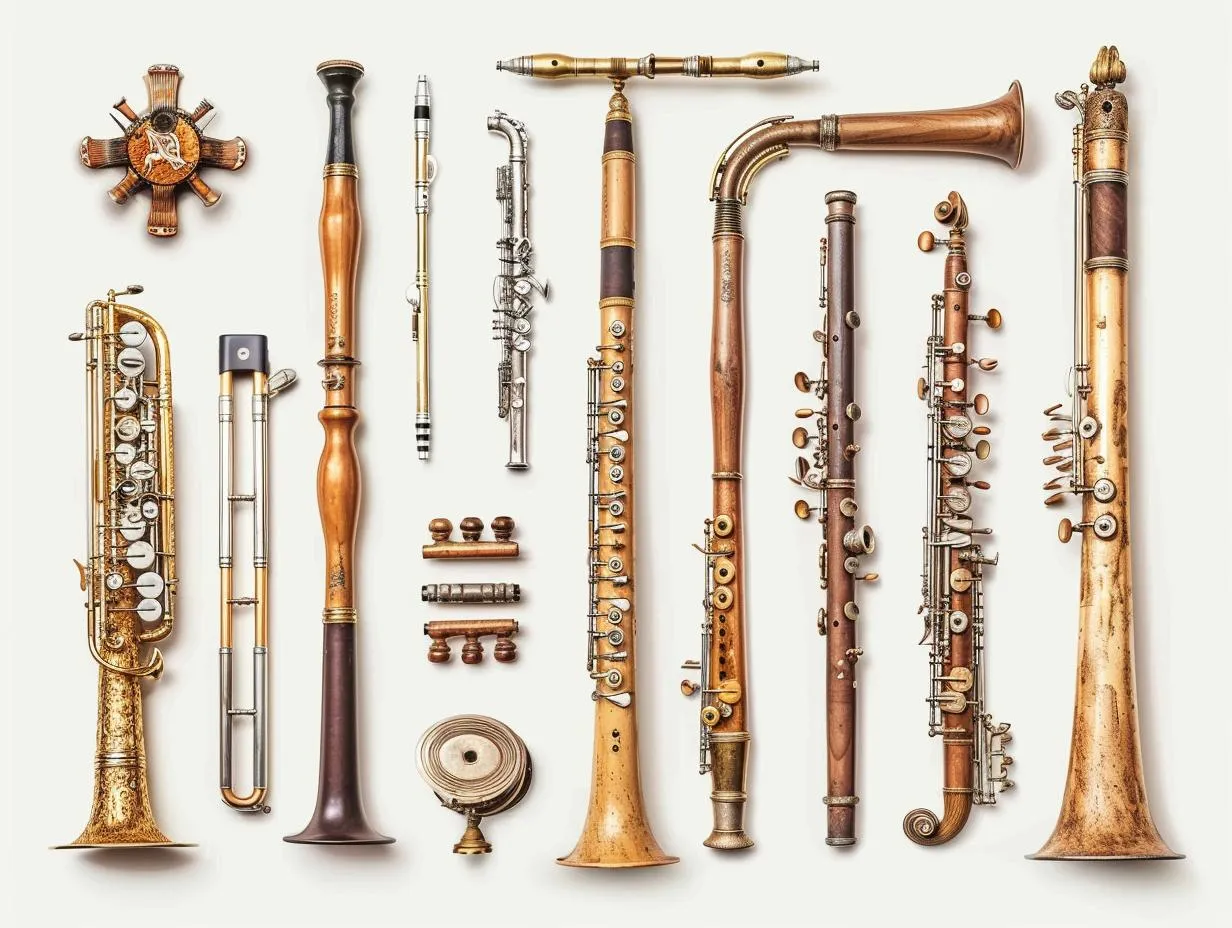 Kolekcja zabytkowych instrumentów dętych, w tym klarnety, flety i saksofon, wykonanych z drewna i mosiądzu.