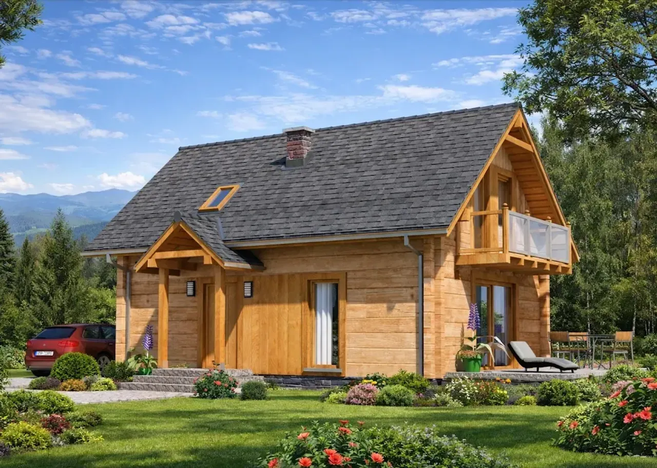 Uroczy drewniany domek z balkonem i ogrodem. Zastanawiasz się, ile kosztuje budowa małego domu z drewna?