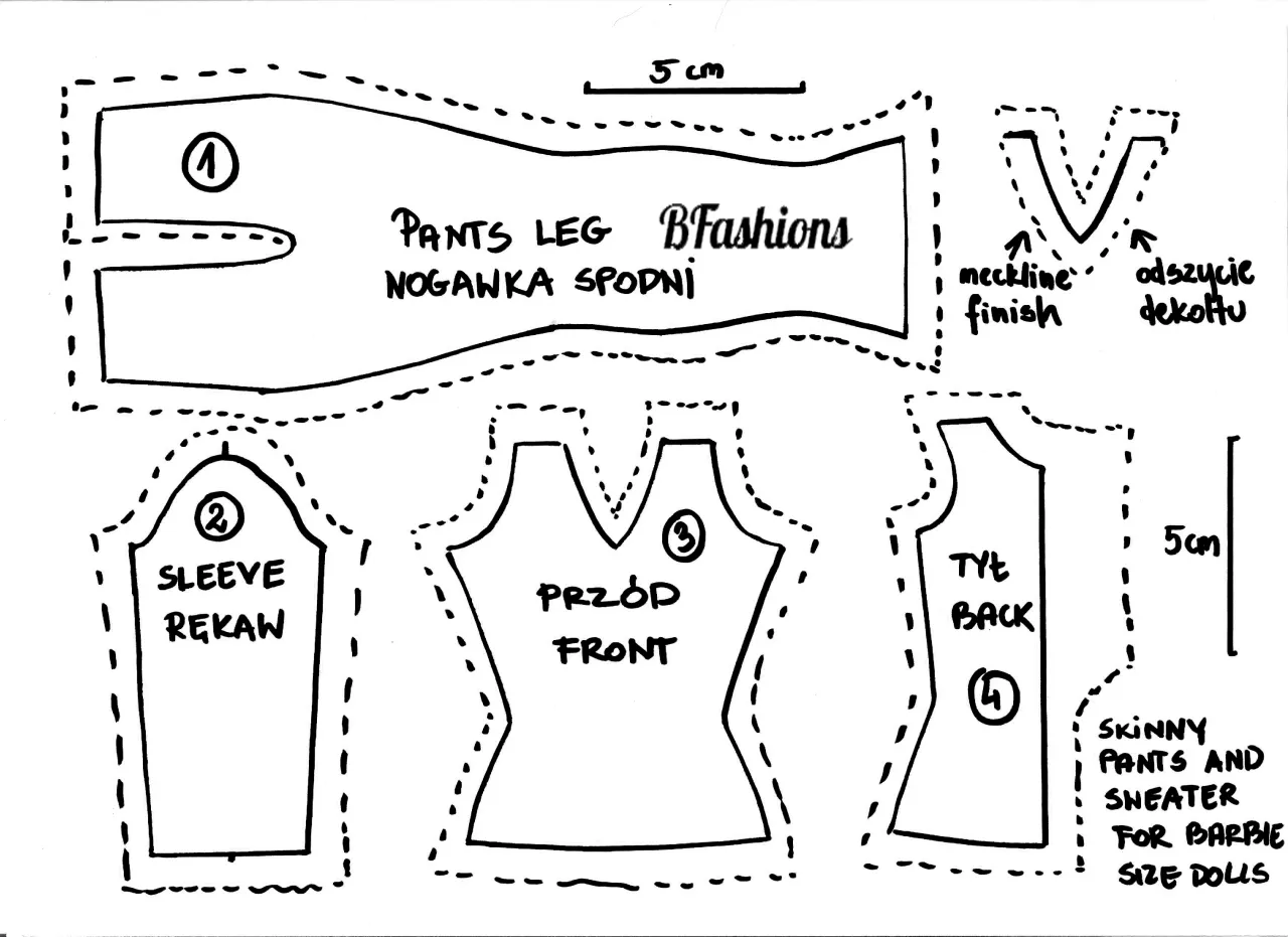 prosty wykr&oacute;j bluzki dla barbie do druku