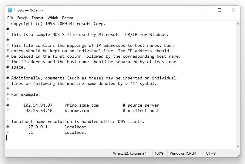 Edycja pliku hosts Windows macos linux