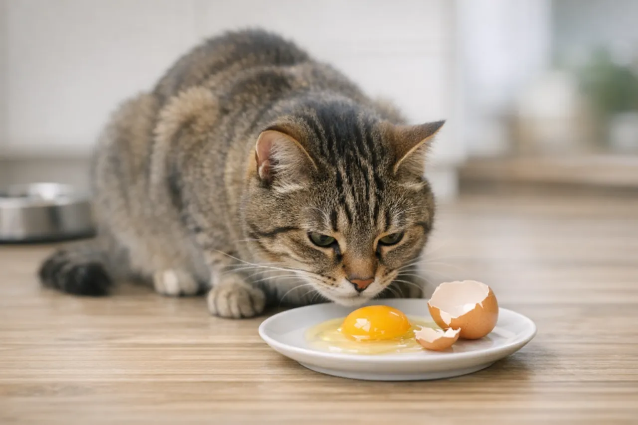 Zastanawiasz się, czy koty mogą jeść ż&oacute;łtko? Ten pręgowany kotek z zaciekawieniem wpatruje się w surowe ż&oacute;łtko na talerzyku.