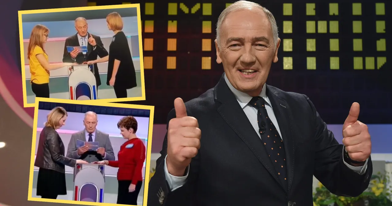 Uśmiechnięty prowadzący Familiady, co robi fryzjer? W tle fragmenty gry z uczestnikami.