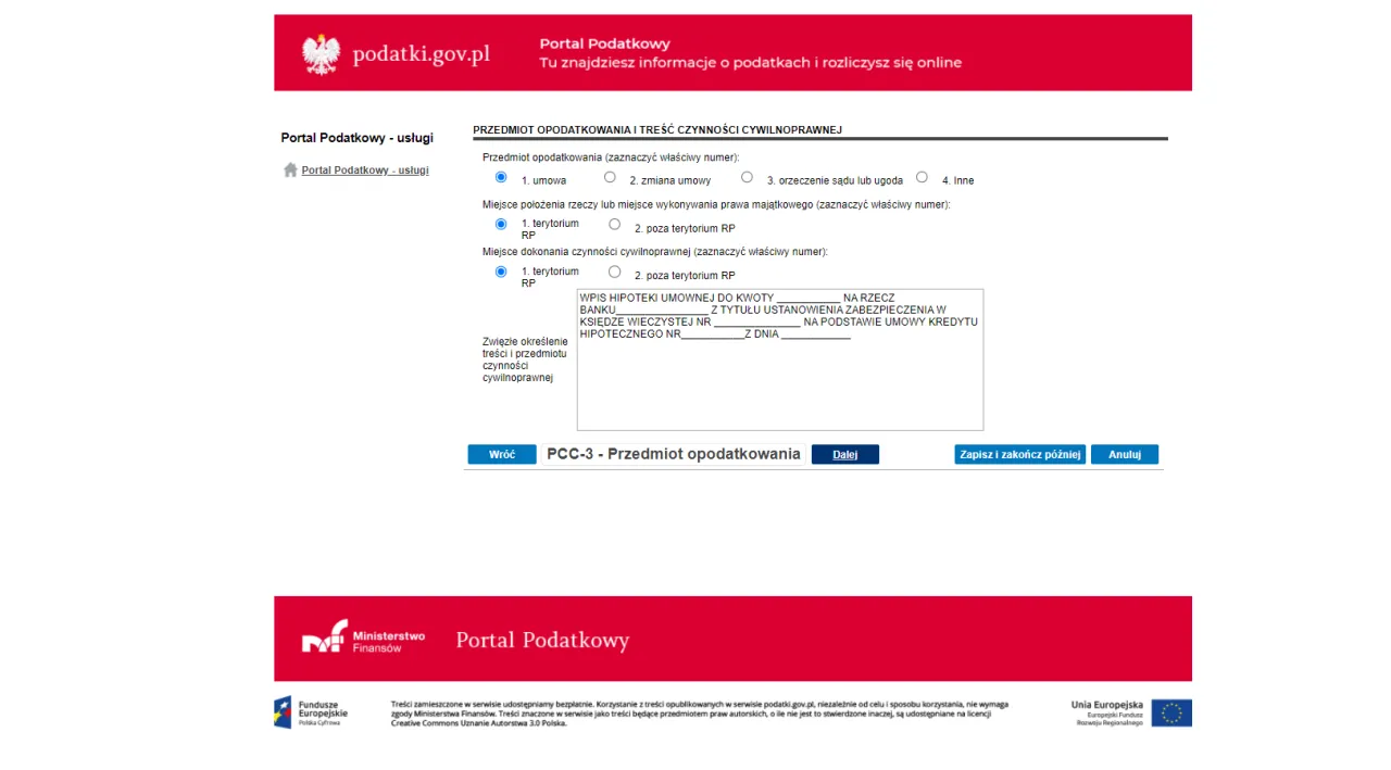 formularz PCC-3 wypełnianie hipoteka