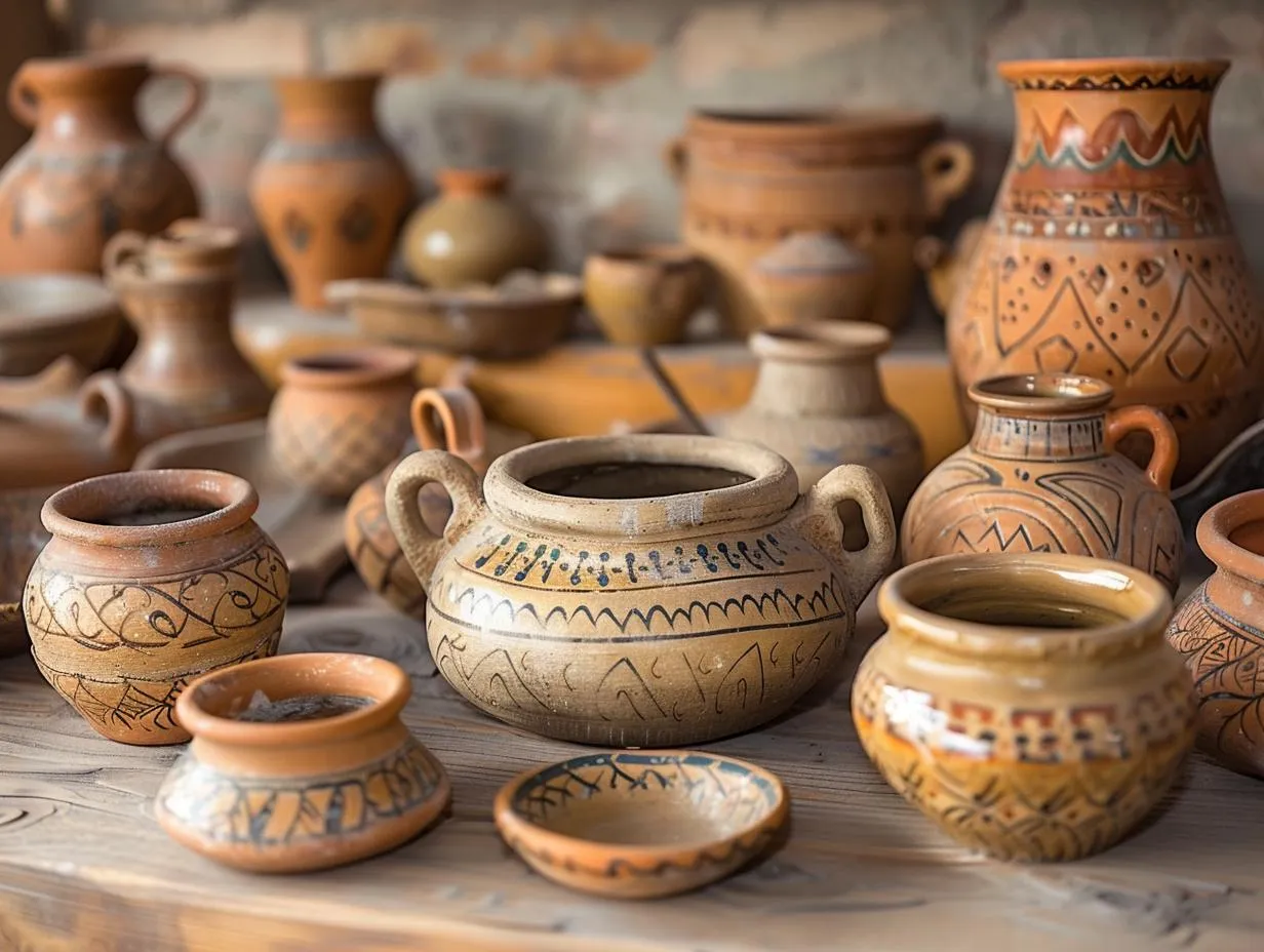 R&oacute;żnorodne naczynia z gliny, ozdobione tradycyjnymi wzorami. To właśnie ceramika, co to za piękno!