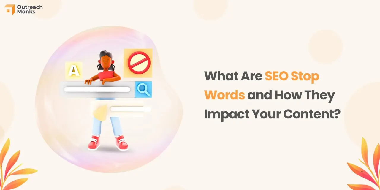Grafika przedstawia postać przy wyszukiwarce, obok symbol zakazu. Tekst pyta o SEO stop words i ich wpływ na treść.