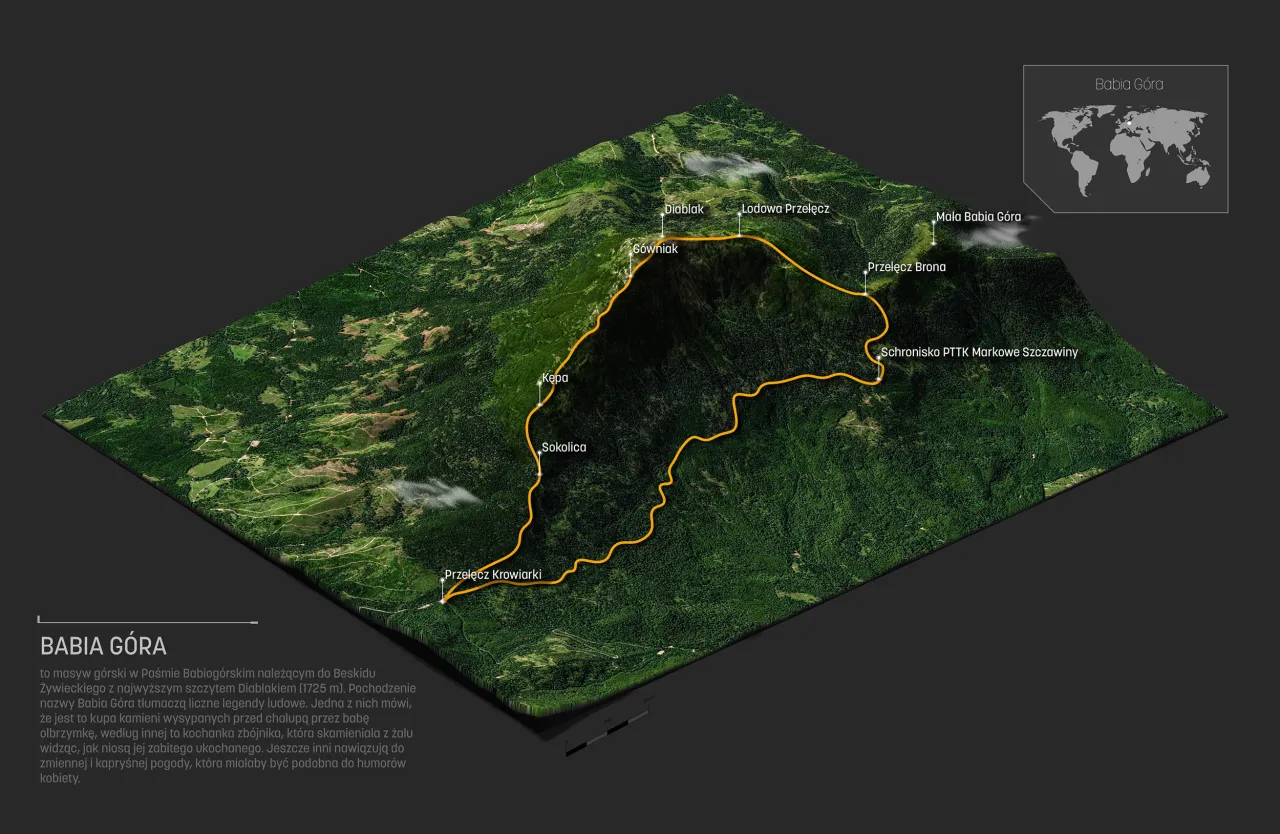 Mapa 3D Babiej G&oacute;ry z zaznaczoną trasą. Zastanawiasz się, ile się idzie na Babia G&oacute;rę? Mapa pokazuje szlaki i punkty: Diablak, Schronisko PTTK.
