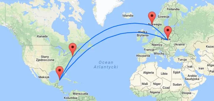 Mapa trasy lotu Polska Meksyk z przesiadkami