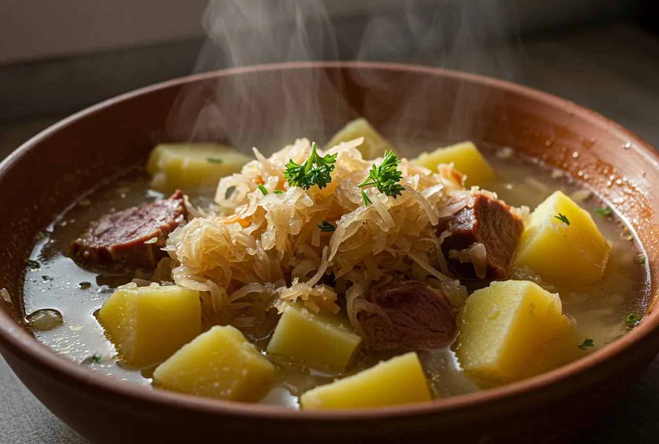 Gorący kapuśniak ze świeżej kapusty z ziemniakami i mięsem, paruje w glinianej misce.