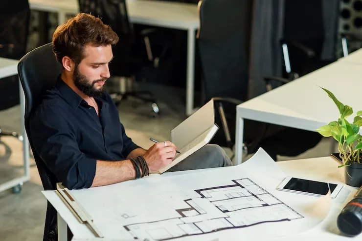 Młody architekt przy biurku z projektami