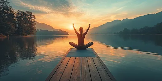 Osoba ćwicząca jogę na tle zachodzącego słońca, symbolizująca spokój i aktywność fizyczną