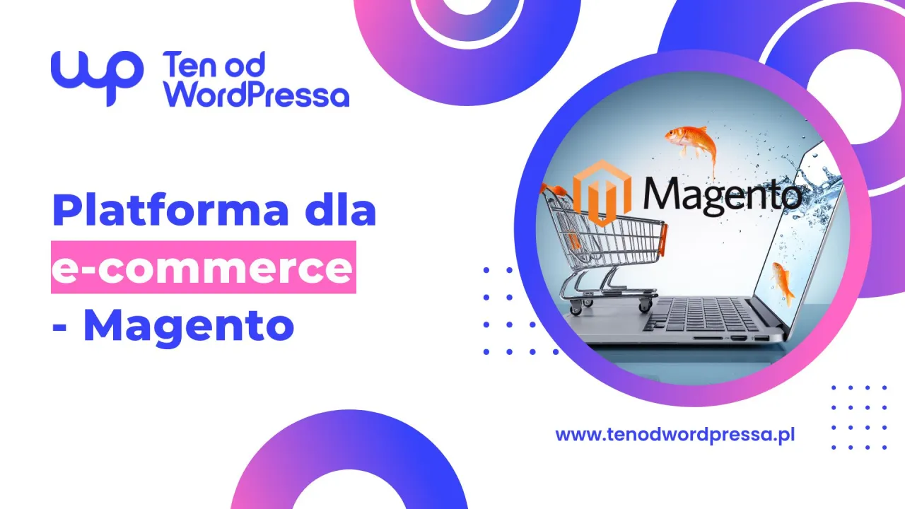 Platforma dla e-commerce - Magento. W&oacute;zek sklepowy i rybki w wodzie na ekranie laptopa symbolizują dynamiczny handel online.