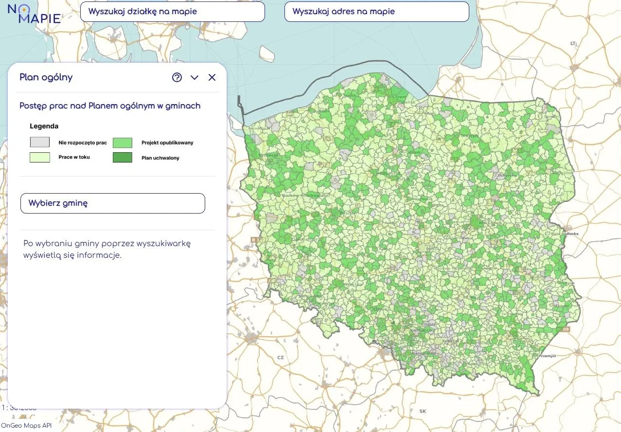 Mapa Polski z zaznaczonymi strefami planowania przestrzennego