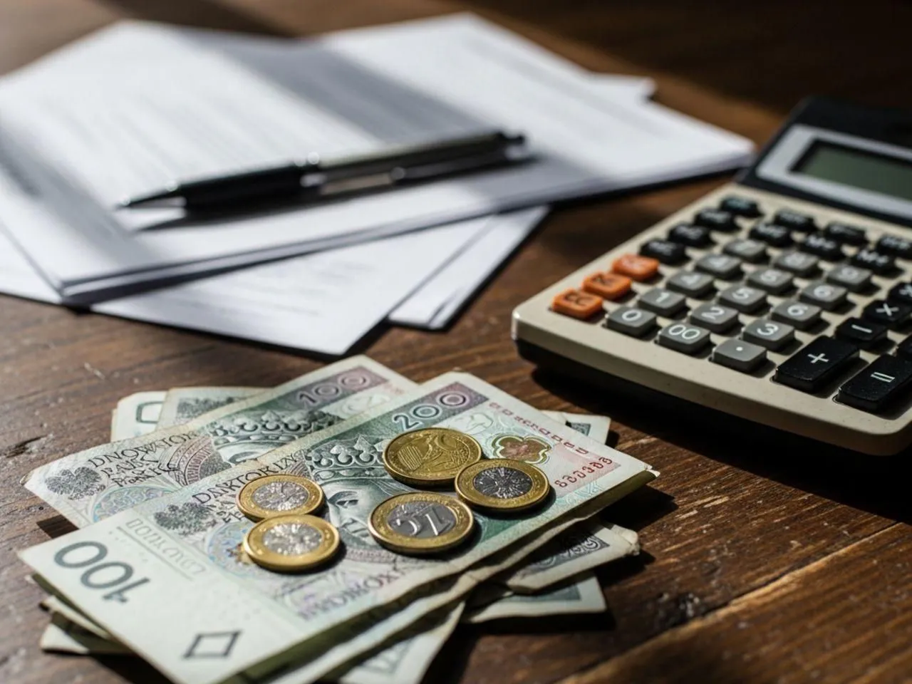 kalkulator i monety na tle dokument&oacute;w