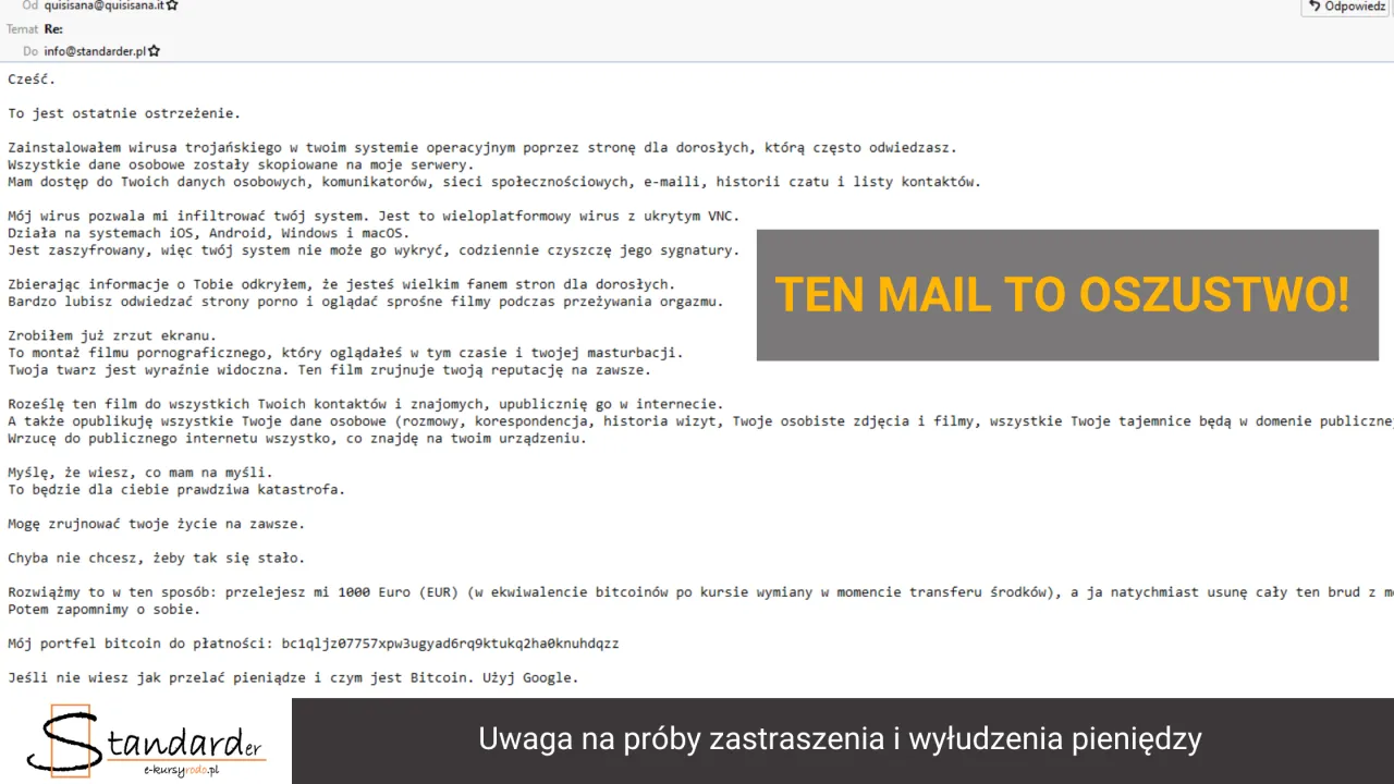 Mail od hakera z własnego maila. Grozi publikacją kompromitujących materiał&oacute;w, żądając 1000 euro w Bitcoin.