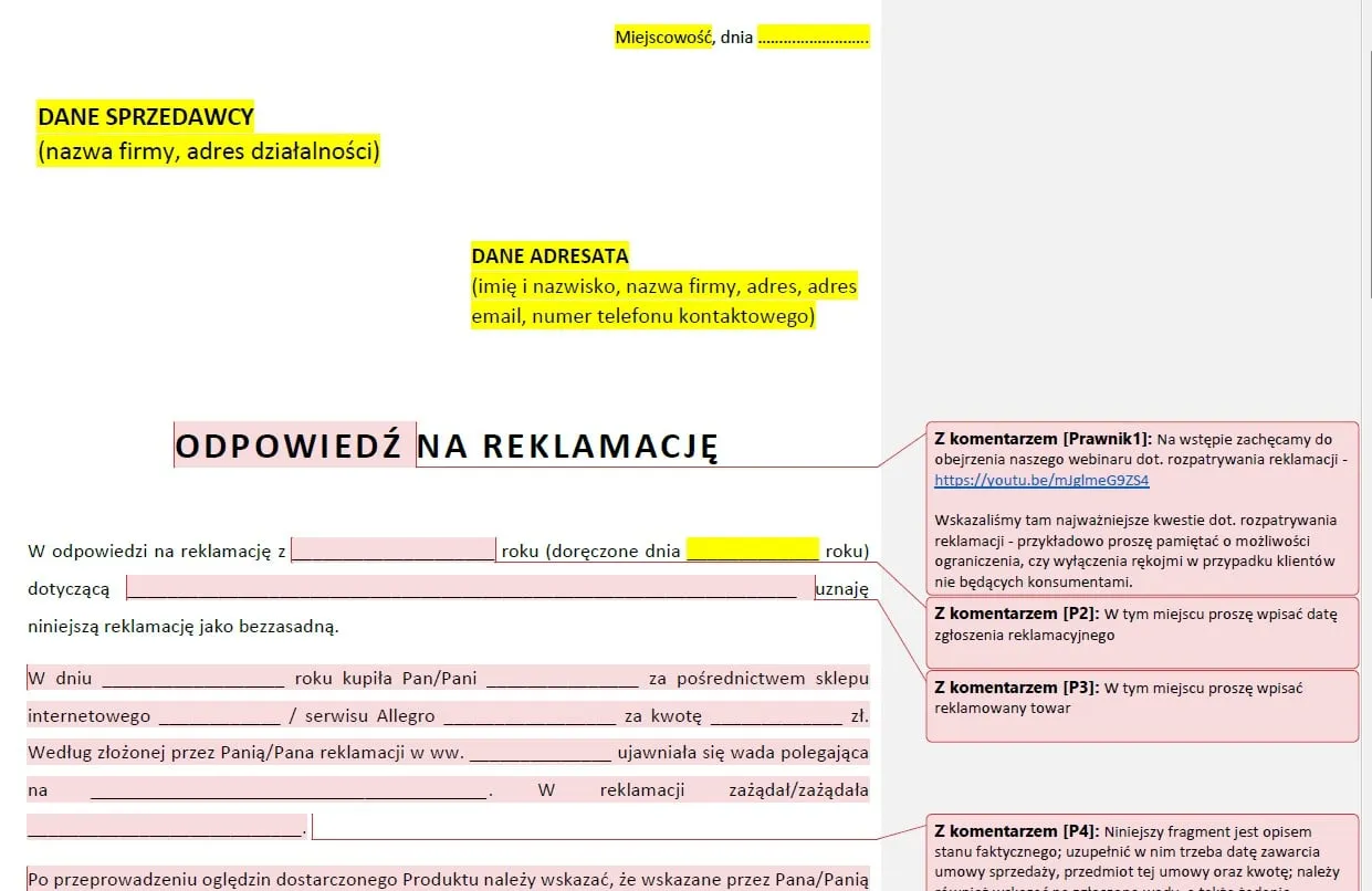 elementy pisma reklamacyjnego wzór