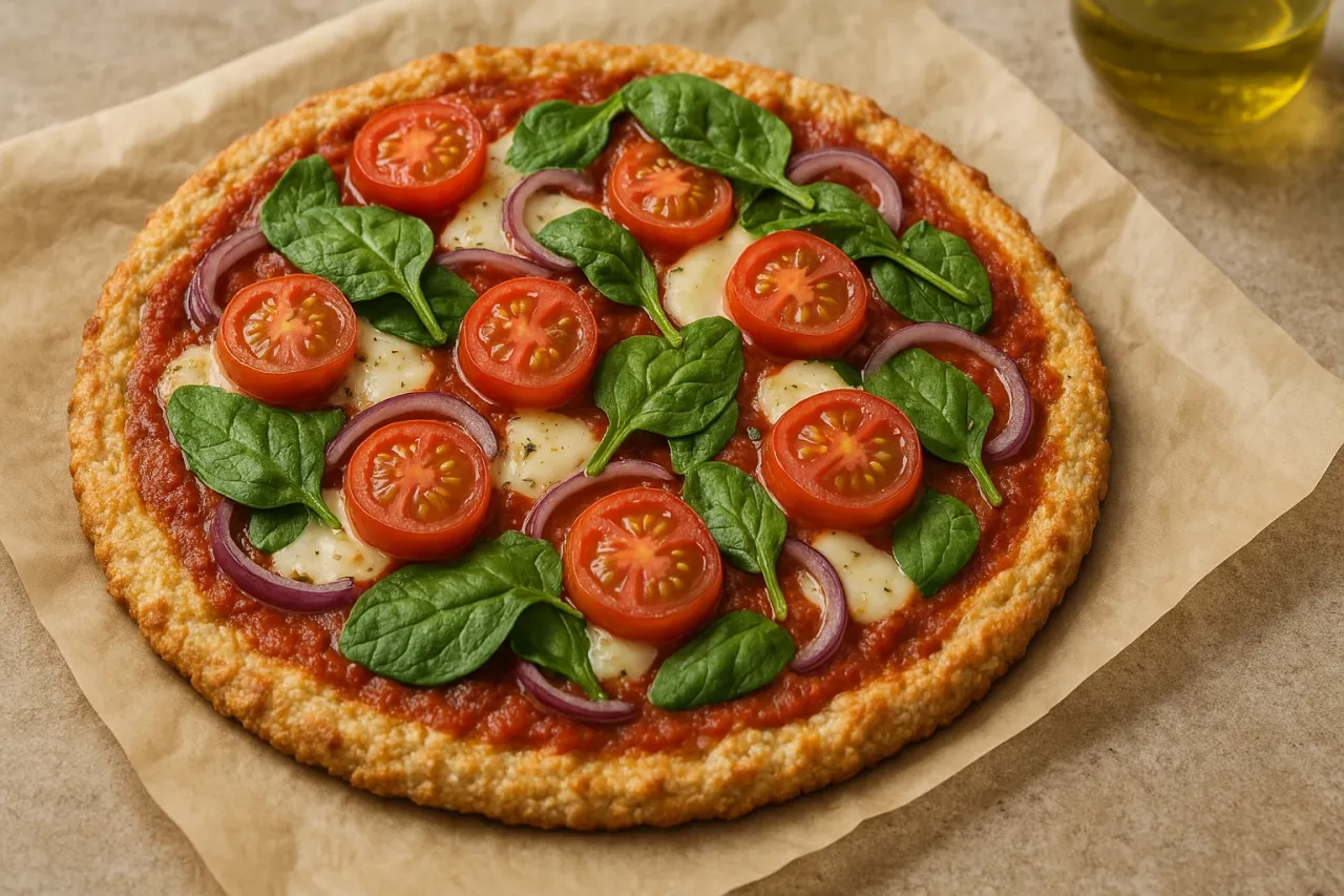 Apetyczna pizza z serka wiejskiego, z pomidorkami, szpinakiem i czerwoną cebulą, na papierze do pieczenia.