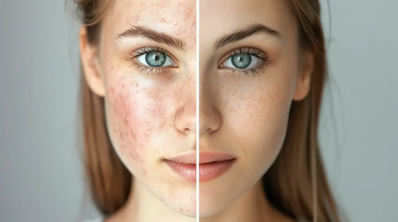 Przed i po: skóra z czerwonymi plamami po pryszczach i czysta, gładka cera. Dowiedz się, czym wybielić czerwone plamy po pryszczach.