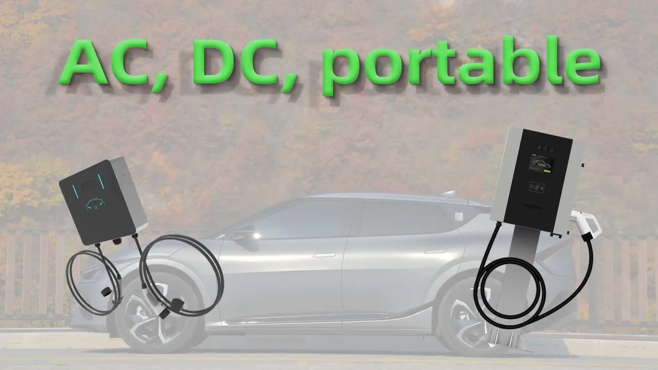 Jaki prąd do ładowania samochodu elektrycznego? Dwie ładowarki AC/DC i przenośna stacja ładowania obok pojazdu elektrycznego.