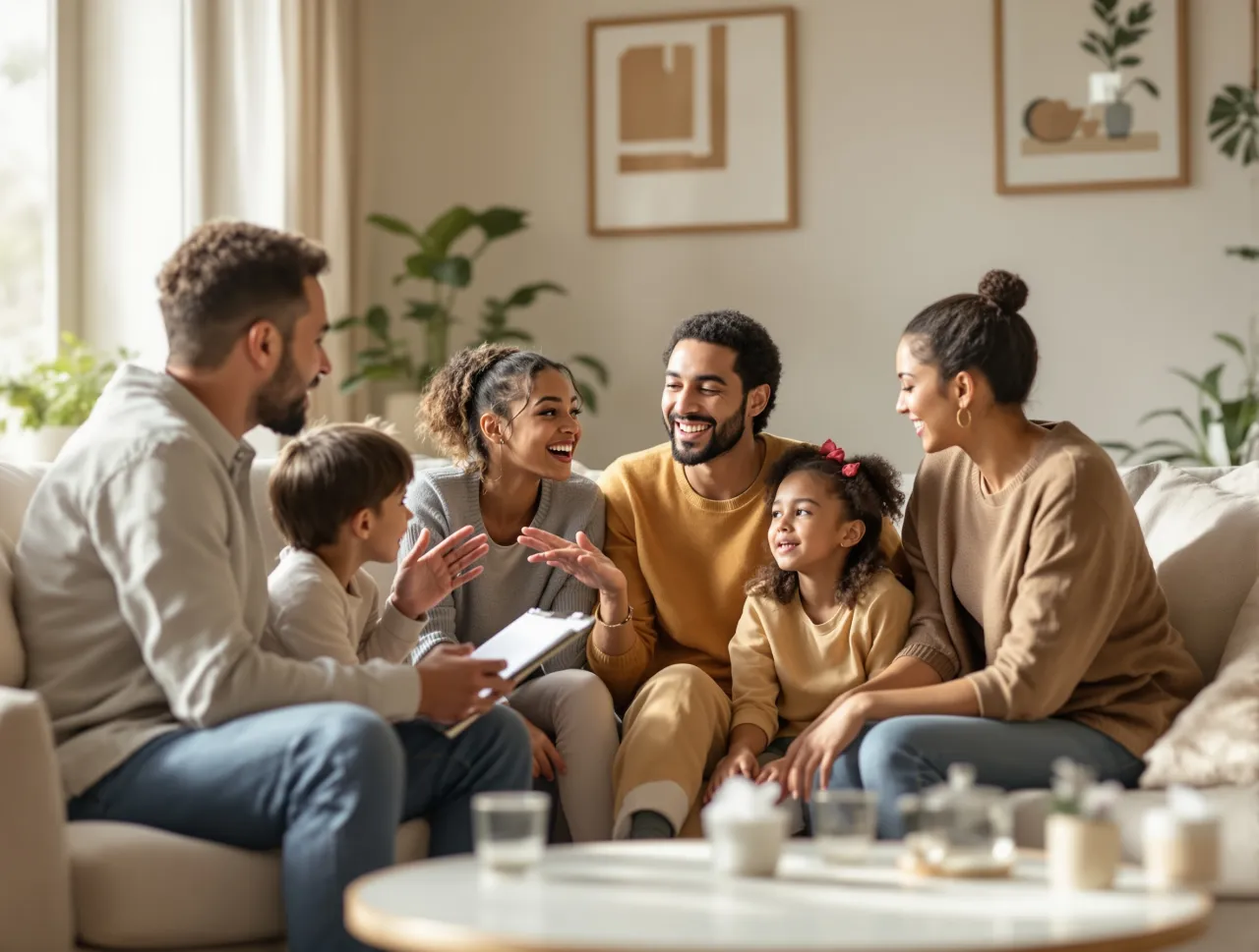 rodzina rozmawiająca z doradcą, empatyczne wsparcie rodzinne
