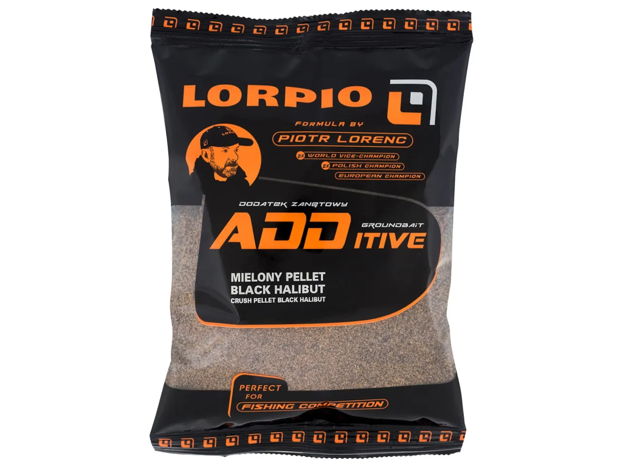 Zanęta halibut Lorpio Additive, mielony pellet black halibut, idealna na ryby podczas zawodów wędkarskich.