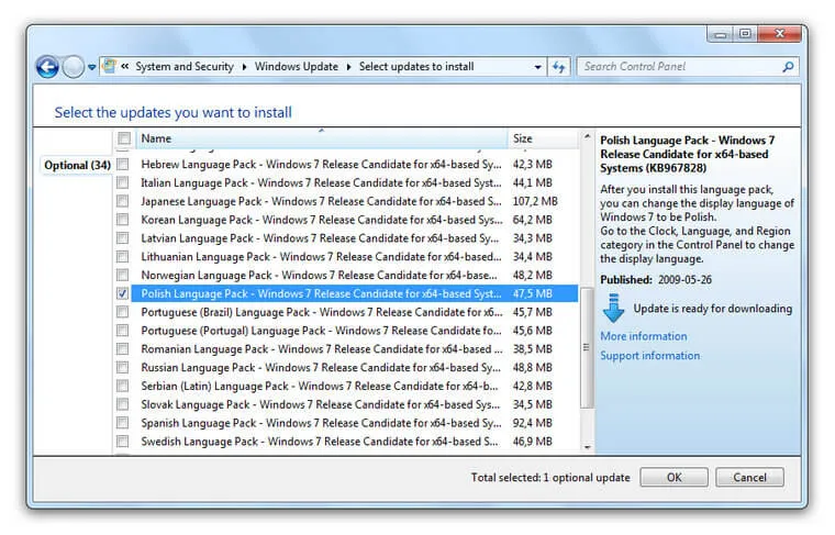 Windows 7 instalowanie języka Windows Update