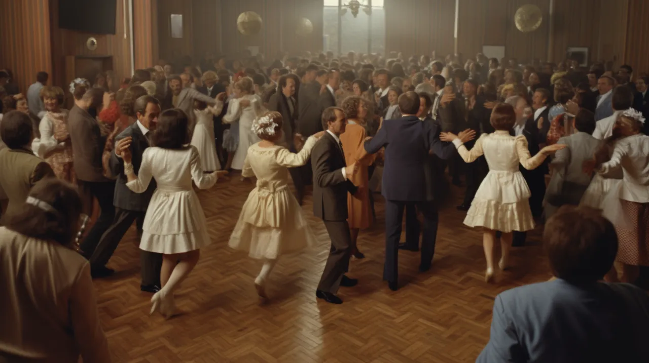 Zabawa taneczna w remizie PRL, tańczące pary lata 60 70