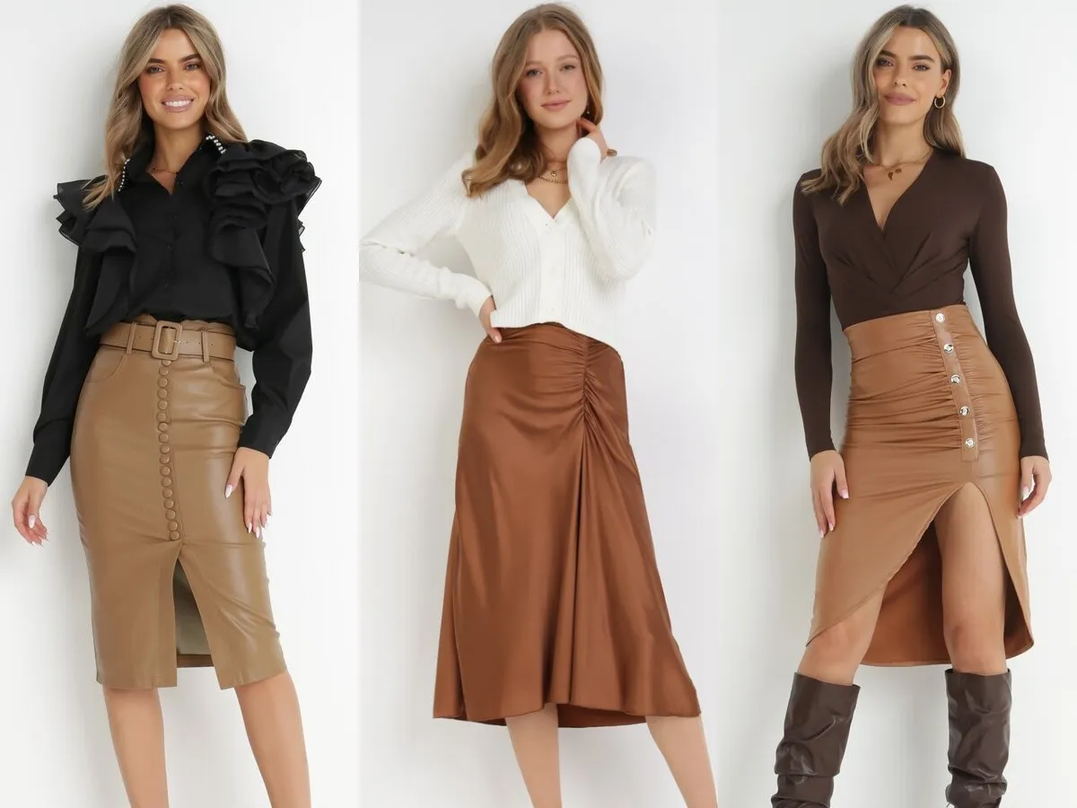 Trzy stylizacje pokazujące, co założyć do brązowej spódnicy: czarną koszulę z falbanami, biały sweterek lub brązowy top.