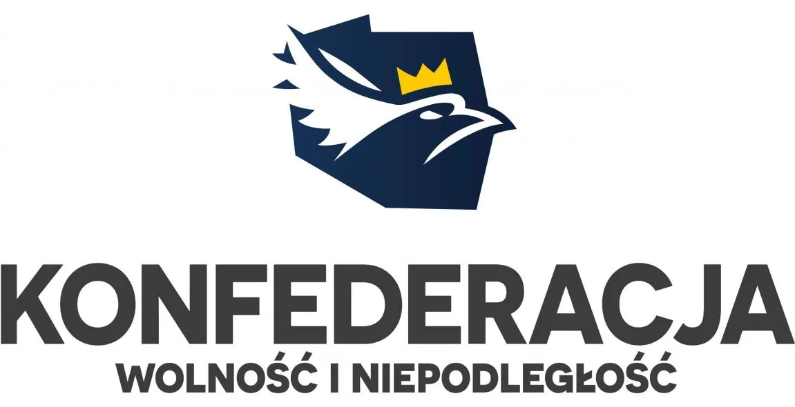 Flaga Konfederacji Wolność i Niepodległość oraz symboliczne postacie