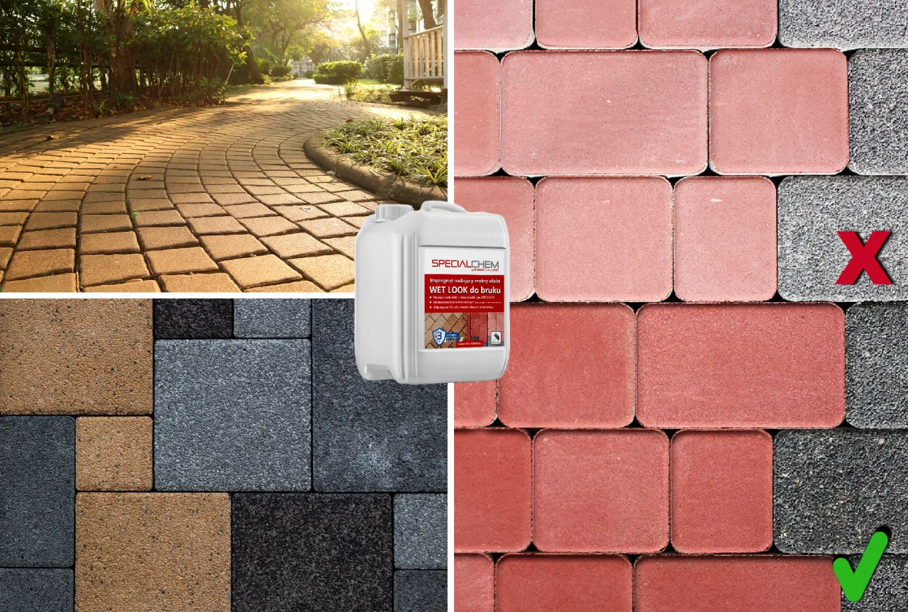 Kostka brukowa z efektem mokrej kostki przed i po impregnacji