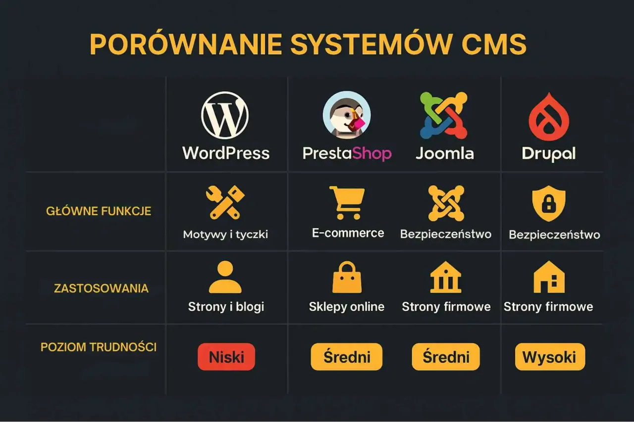 Porównanie systemów CMS: co to jest WordPress, PrestaShop, Joomla, Drupal. Funkcje, zastosowania i poziom trudności.