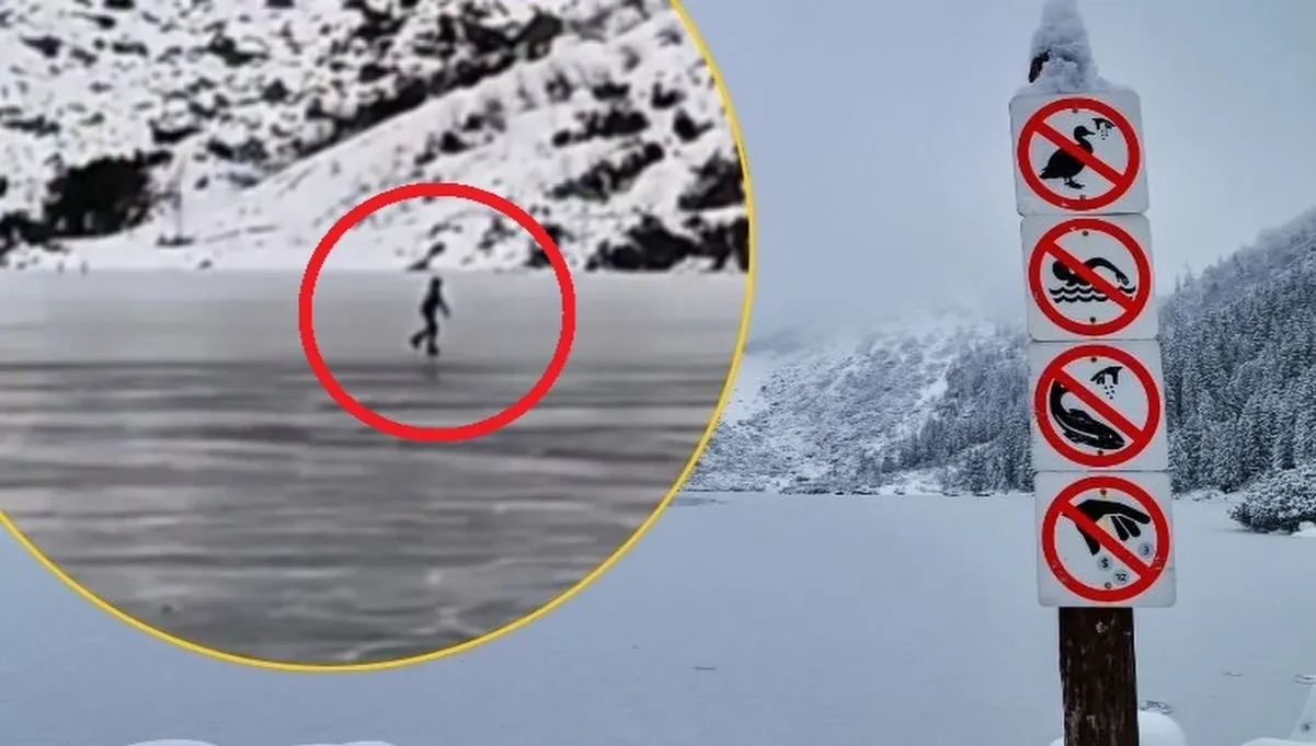 Znak ostrzegawczy zakaz wchodzenia na l&oacute;d Morskie Oko