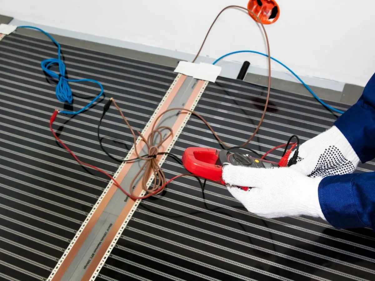 Elektryk sprawdza miernikiem, czy mata grzewcza zużywa dużo prądu. Podłączone przewody do maty i miernika.