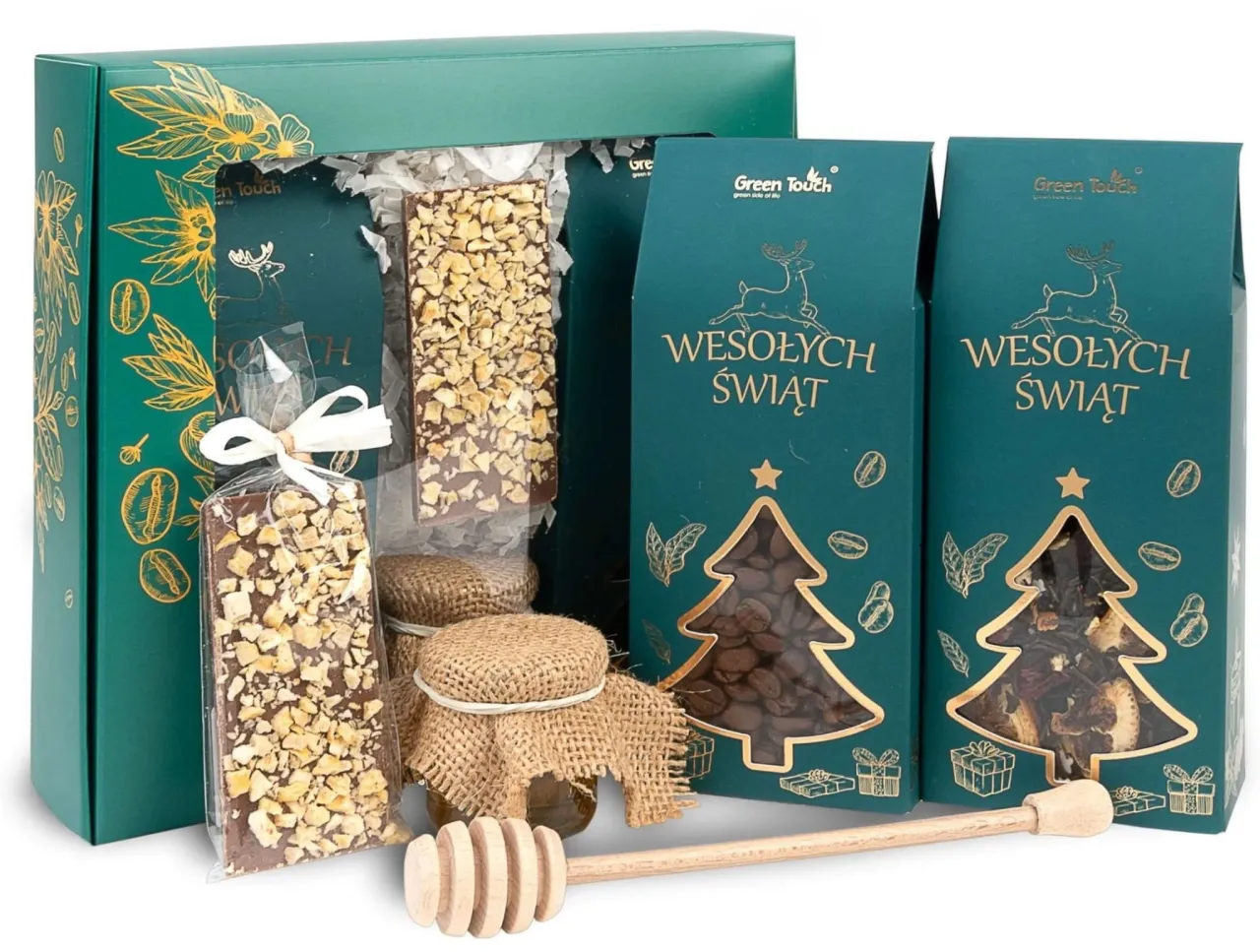 Elegancki prezent na mikołajki: czekolady z orzechami, kawa, herbata i miód w ozdobnym pudełku z motywem świątecznym.