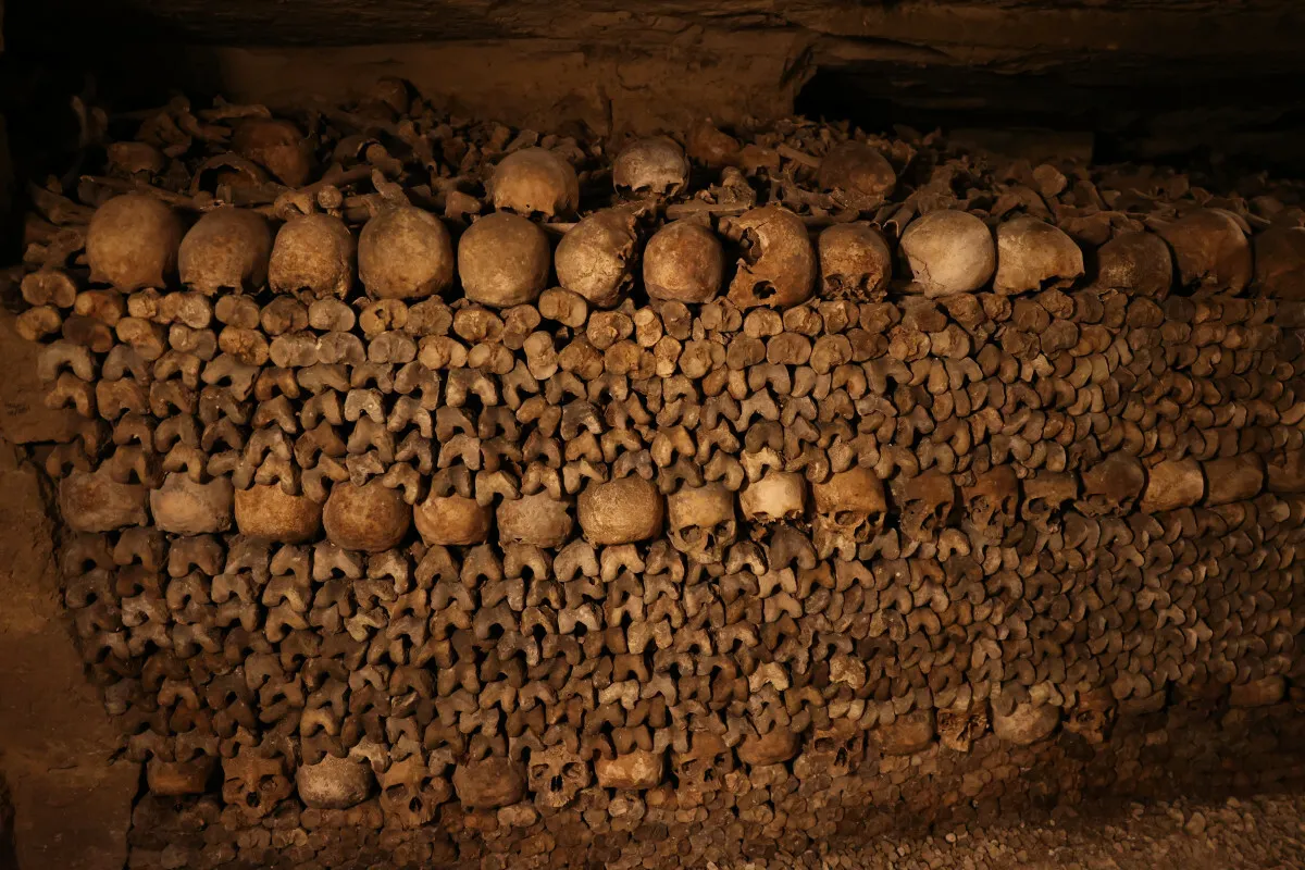 Ciekawostki o Paryżu: katakumby z ludzkimi szczątkami, ułożonymi w geometryczne wzory.